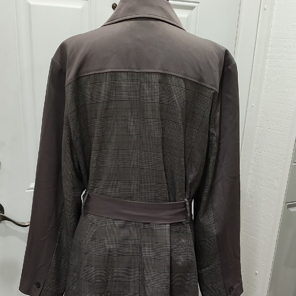 Womens Double-Breasted Trench Coat in Gray with Plaid Side Panels - Picture 7 of 13